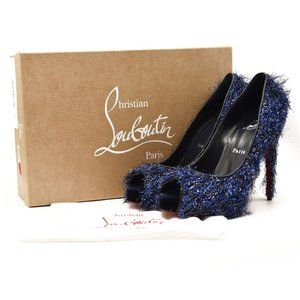 NEW $850 EU 38 Christian Louboutin Very Prive 120 Peep Toe Blue Metallic Threads